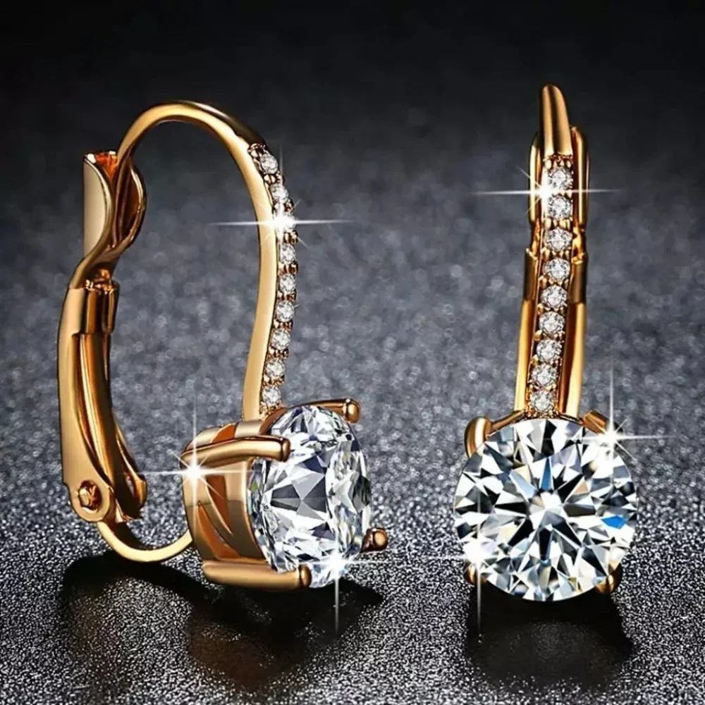 Yellow Gold Clear Brilliant AAA Zircon Clip Earrings - Picture 3 of 4